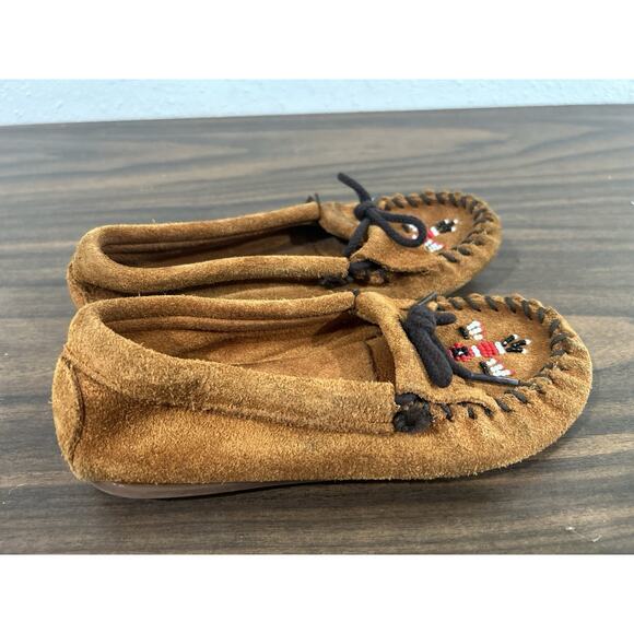 Minnetonka Moccasin Suede Leather Beaded Thunderbird Design Youth Girls Size 1 - Picture 3 of 8